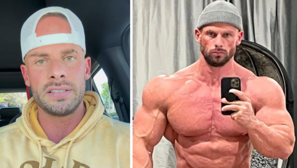 Joey Swoll height and strong upper body posing for fitness shoot